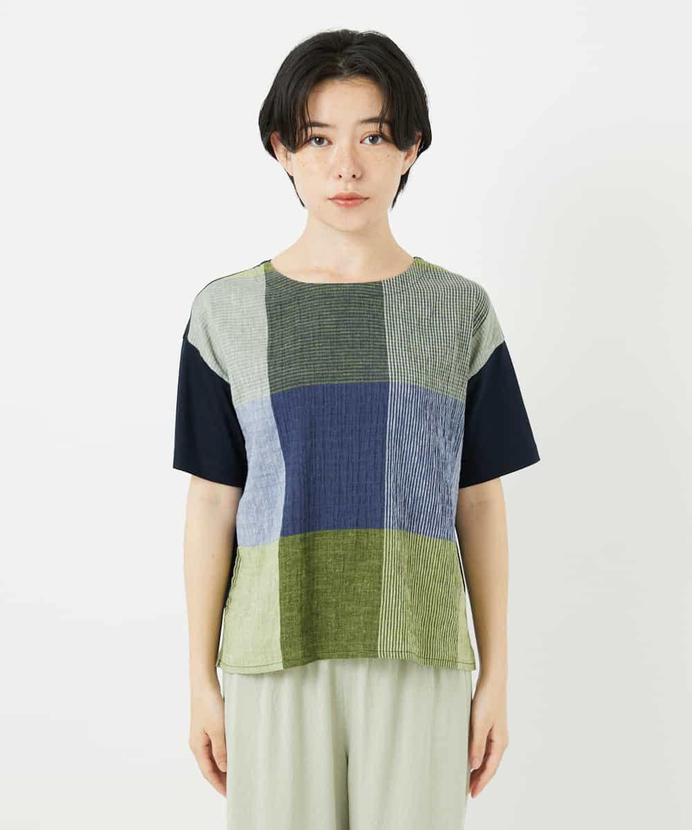 NHKGA40270 GIANNI LO GIUDICE(小さいサイズ)(メゾン ドゥ サンク) [日本製]コットンレーヨンランダムチェックブラウスカットソー グリーン系