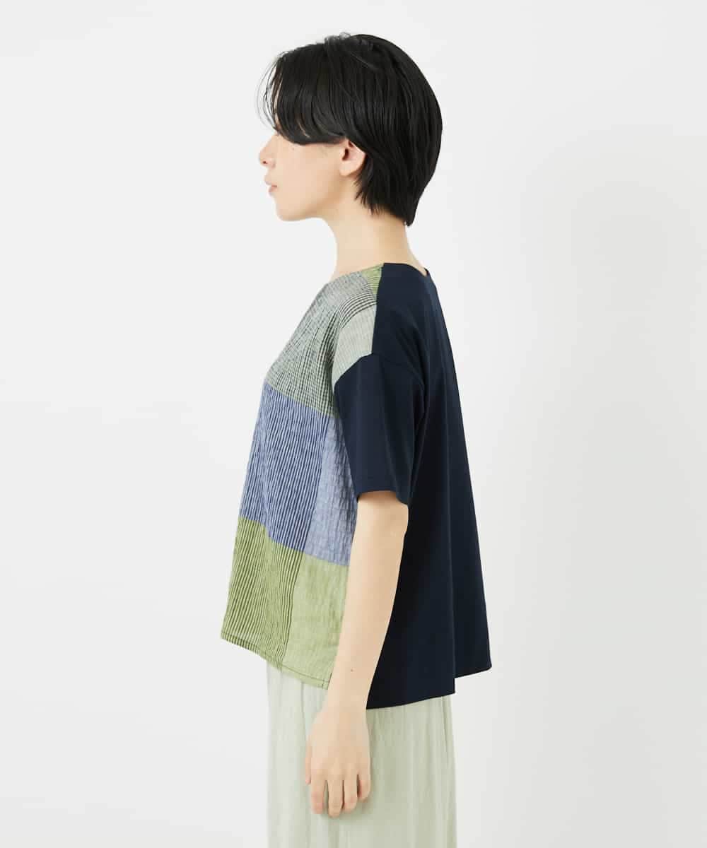 NHKGA40270 GIANNI LO GIUDICE(小さいサイズ)(メゾン ドゥ サンク) [日本製]コットンレーヨンランダムチェックブラウスカットソー グリーン系