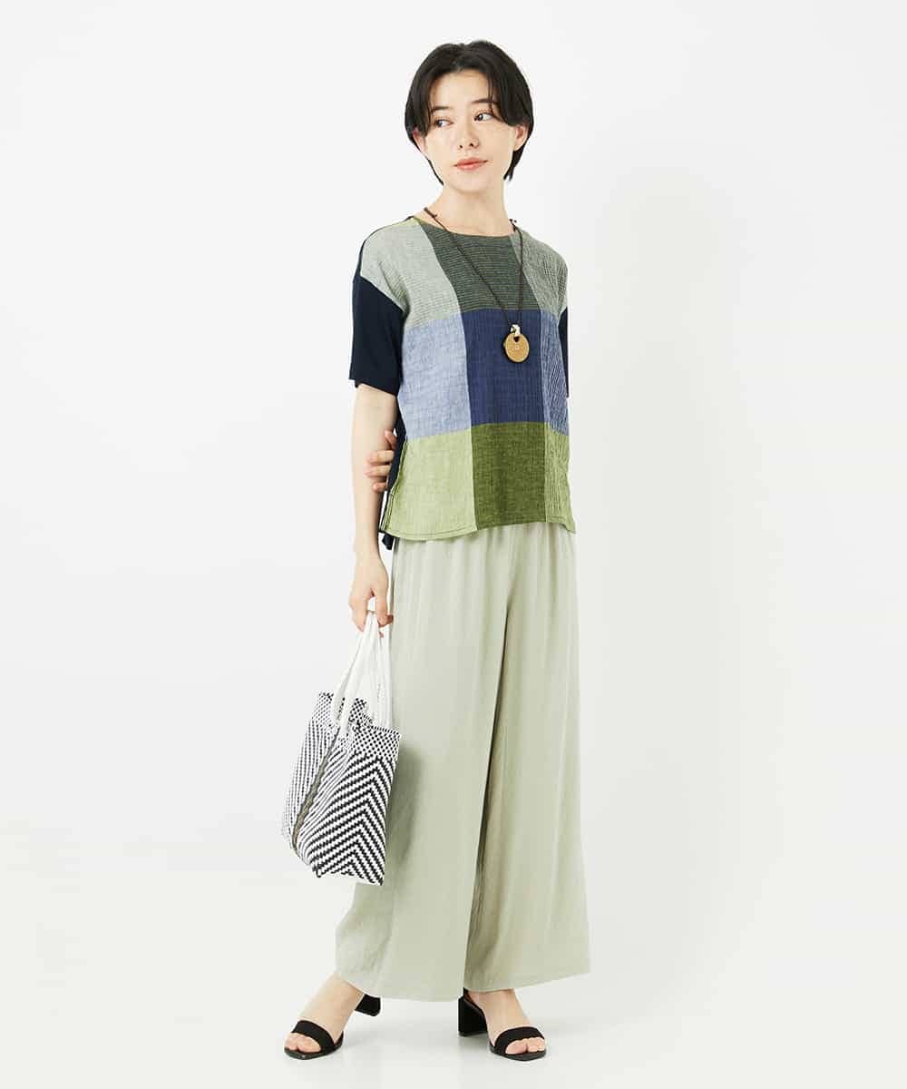 NHKGA40270 GIANNI LO GIUDICE(小さいサイズ)(メゾン ドゥ サンク) [日本製]コットンレーヨンランダムチェックブラウスカットソー グリーン系