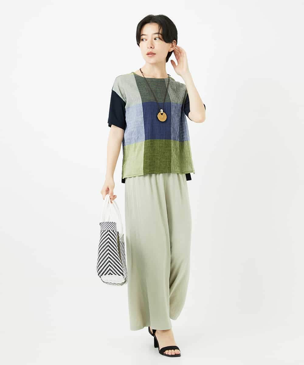 NHKGA40270 GIANNI LO GIUDICE(小さいサイズ)(メゾン ドゥ サンク) [日本製]コットンレーヨンランダムチェックブラウスカットソー グリーン系