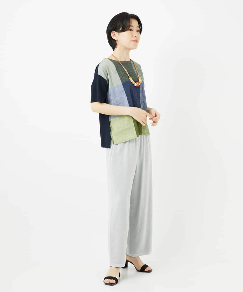 NHKGA40270 GIANNI LO GIUDICE(小さいサイズ)(メゾン ドゥ サンク) [日本製]コットンレーヨンランダムチェックブラウスカットソー グリーン系