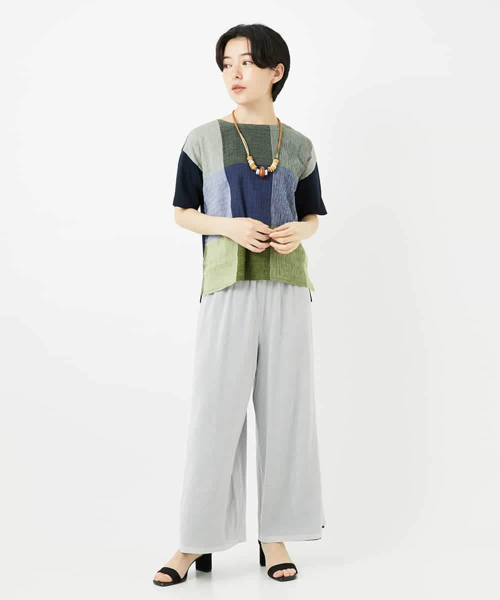 NHKGA40270 GIANNI LO GIUDICE(小さいサイズ)(メゾン ドゥ サンク) [日本製]コットンレーヨンランダムチェックブラウスカットソー グリーン系