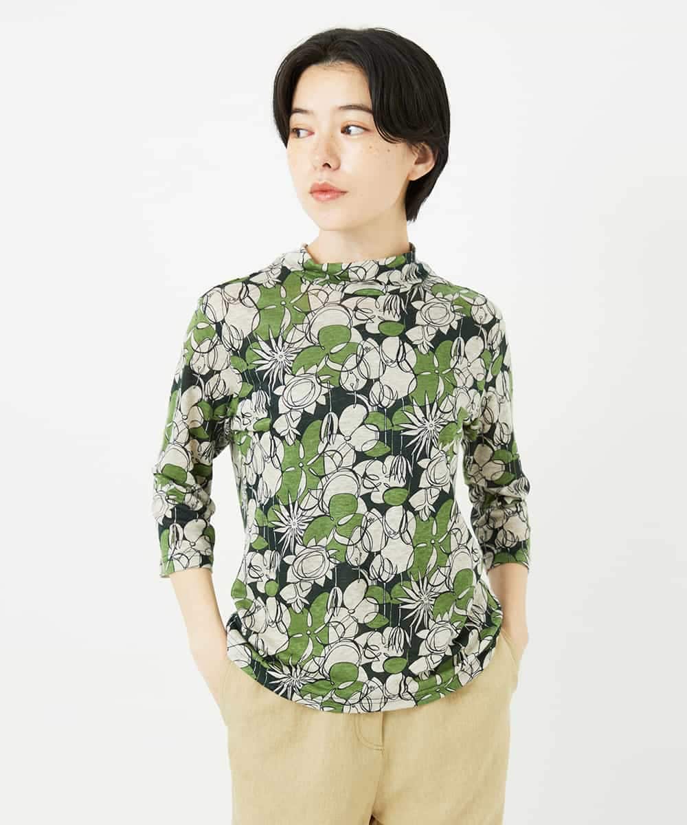 NHKGC92190 GIANNI LO GIUDICE(小さいサイズ)(メゾン ドゥ サンク) リネン天竺ラインフラワープリントプルオーバー グリーン系