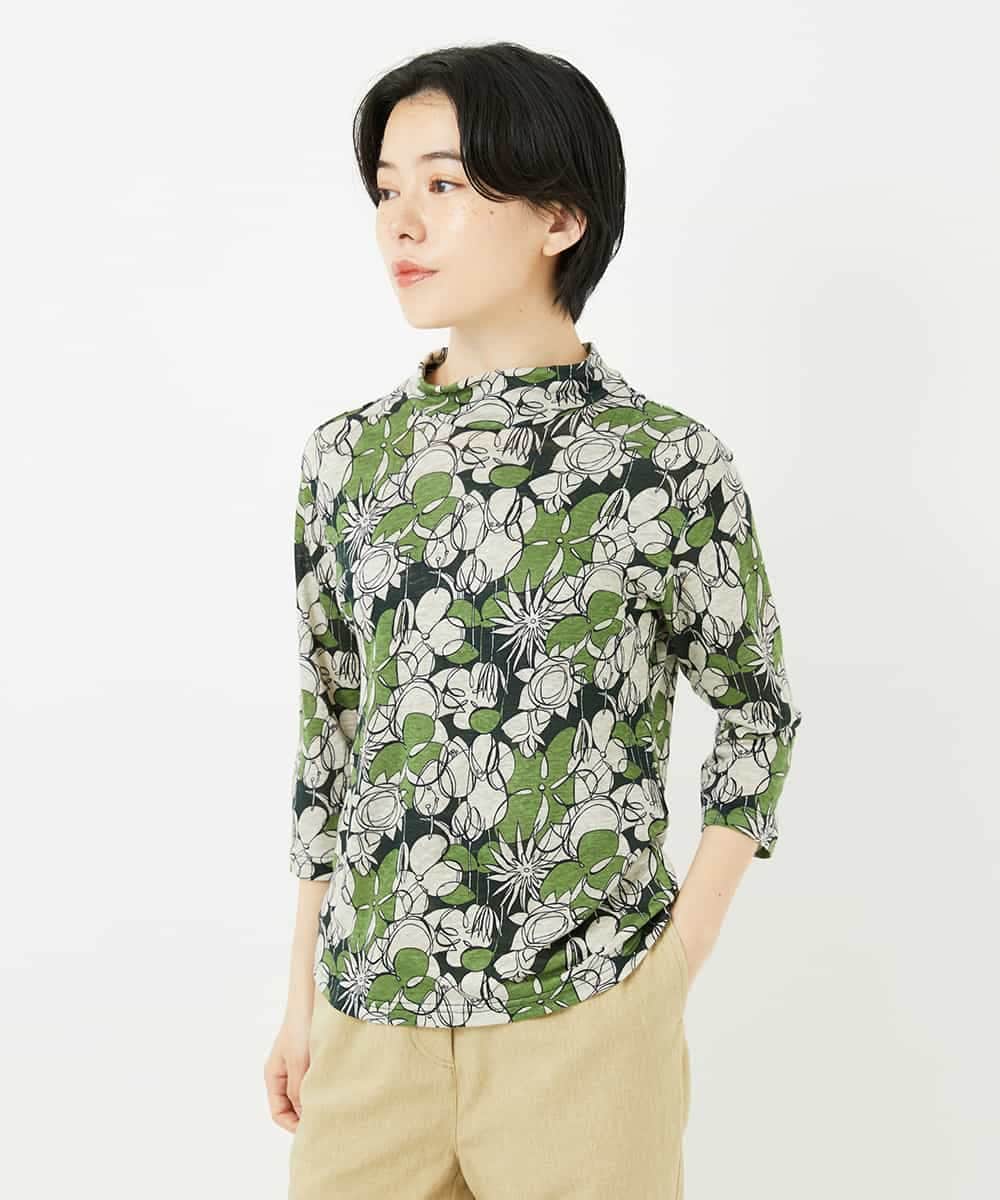 NHKGC92190 GIANNI LO GIUDICE(小さいサイズ)(メゾン ドゥ サンク) リネン天竺ラインフラワープリントプルオーバー グリーン系