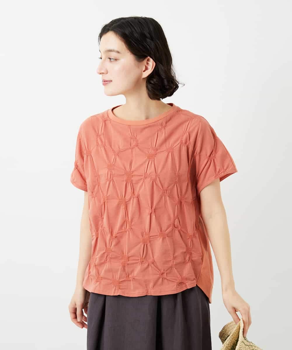 NHKGE47170 GIANNI LO GIUDICE(小さいサイズ)(メゾン ドゥ サンク) [日本製]麻混シャーリングフレンチスリーブカットソー オレンジ