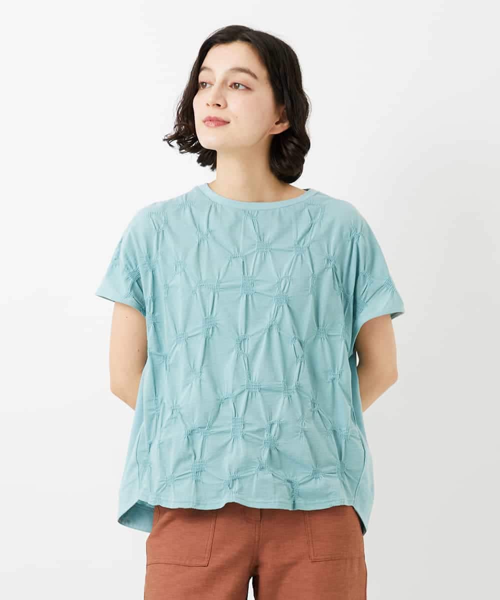 NHKGE47170 GIANNI LO GIUDICE(小さいサイズ)(メゾン ドゥ サンク) [日本製]麻混シャーリングフレンチスリーブカットソー ライトブルー