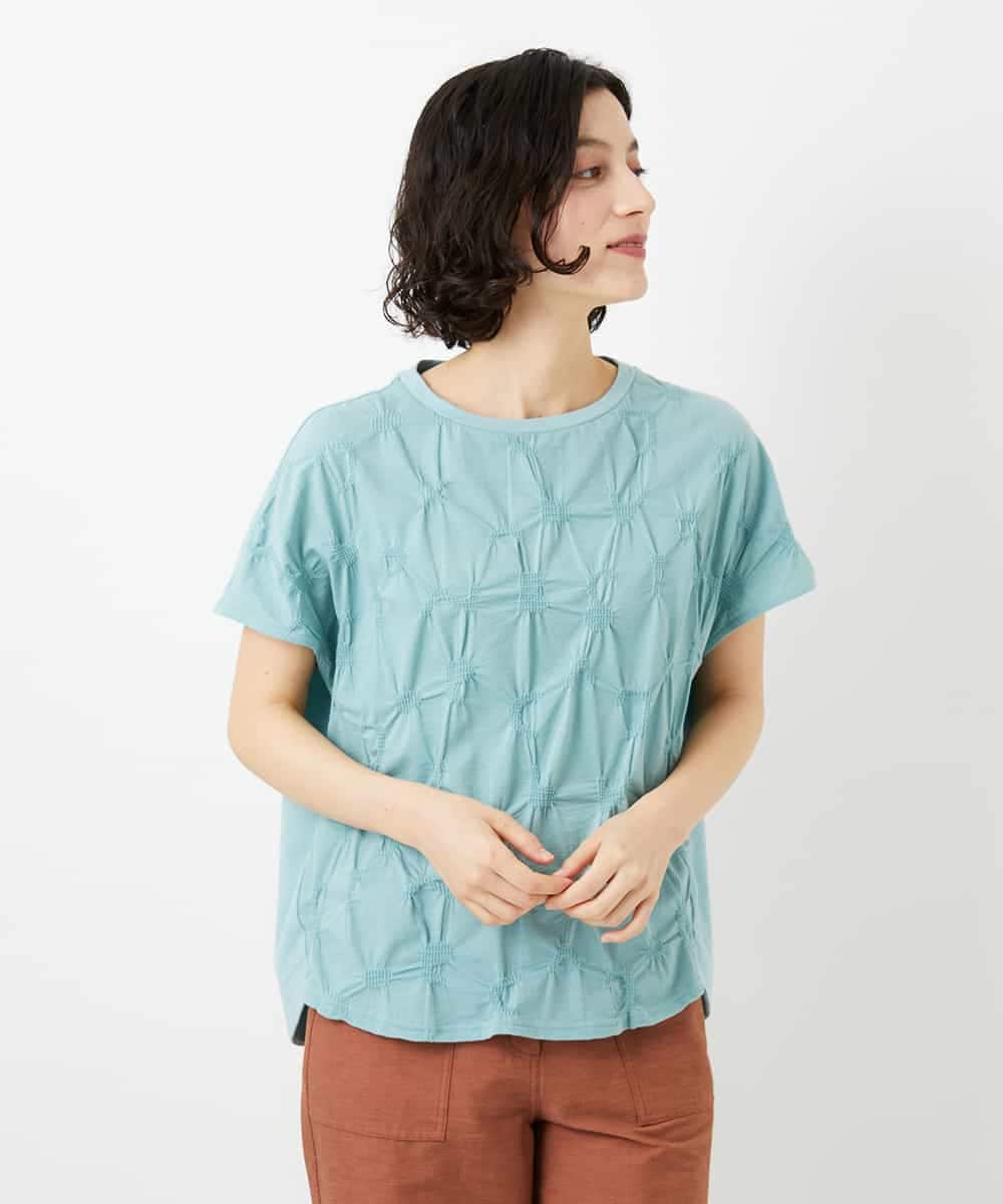 NHKGE47170 GIANNI LO GIUDICE(小さいサイズ)(メゾン ドゥ サンク) [日本製]麻混シャーリングフレンチスリーブカットソー ライトブルー