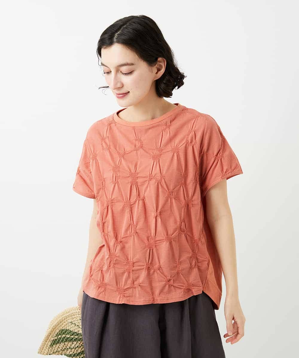 NHKGE47170 GIANNI LO GIUDICE(小さいサイズ)(メゾン ドゥ サンク) [日本製]麻混シャーリングフレンチスリーブカットソー ライトブルー