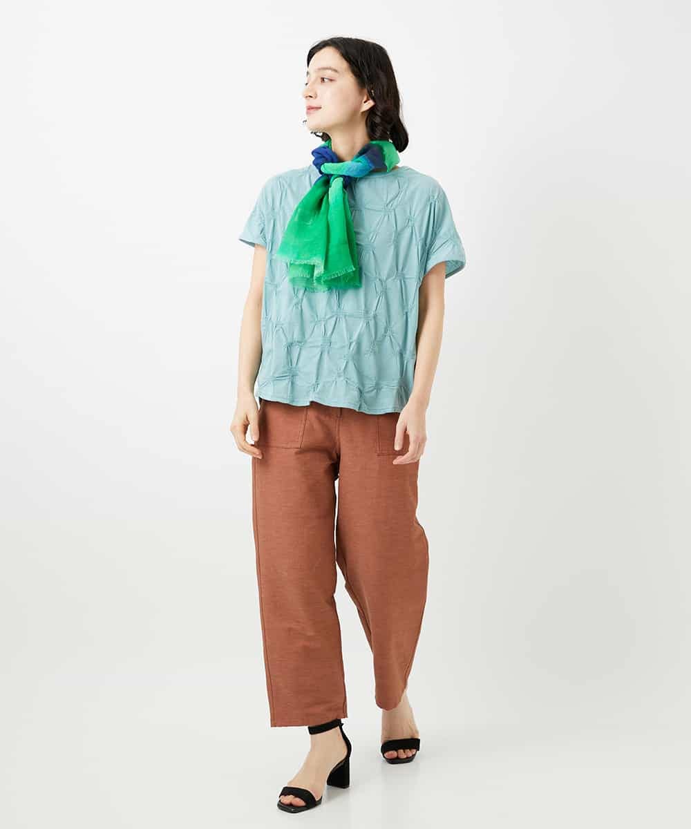 NHKGE47170 GIANNI LO GIUDICE(小さいサイズ)(メゾン ドゥ サンク) [日本製]麻混シャーリングフレンチスリーブカットソー ライトブルー