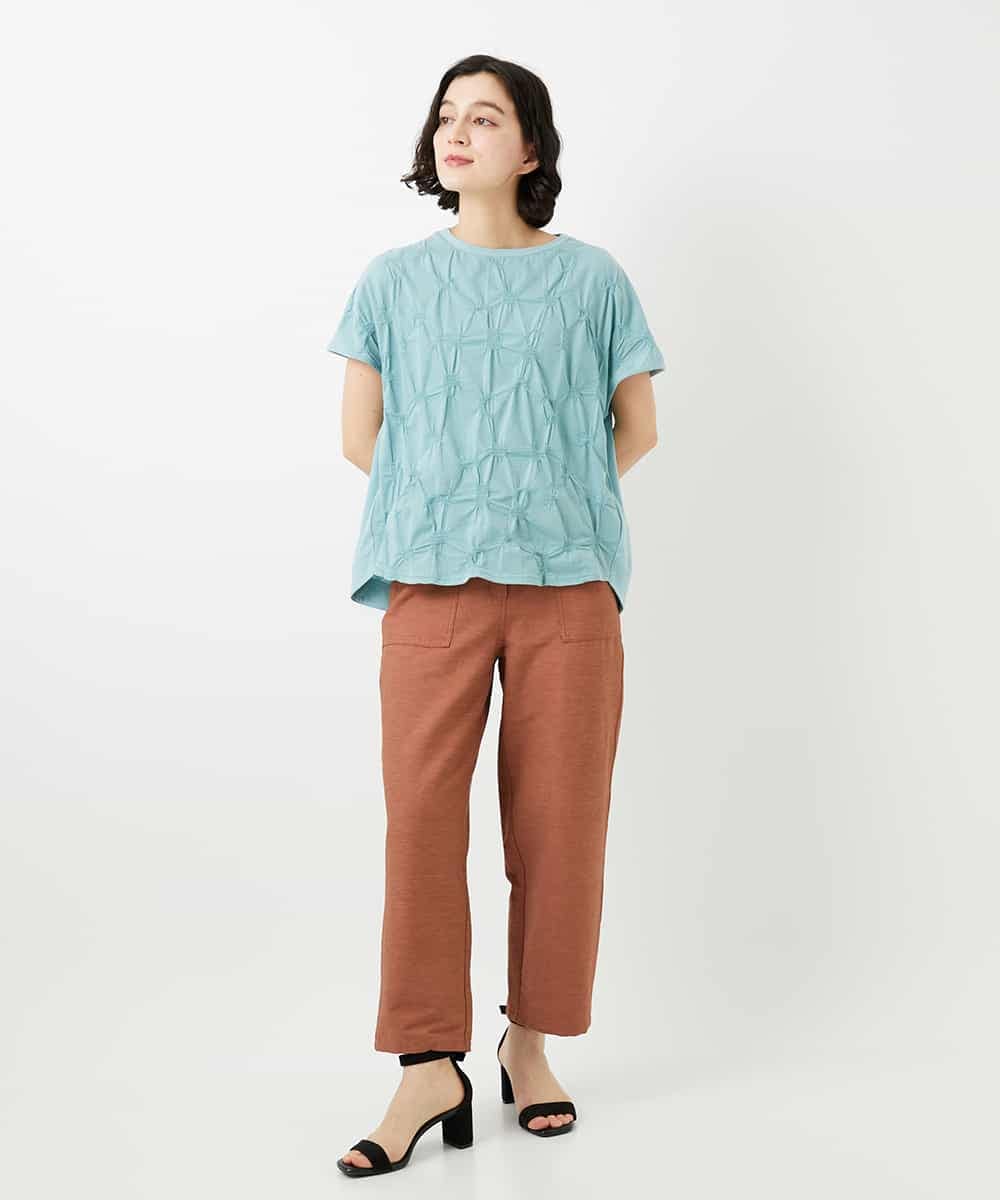 NHKGE47170 GIANNI LO GIUDICE(小さいサイズ)(メゾン ドゥ サンク) [日本製]麻混シャーリングフレンチスリーブカットソー ライトブルー