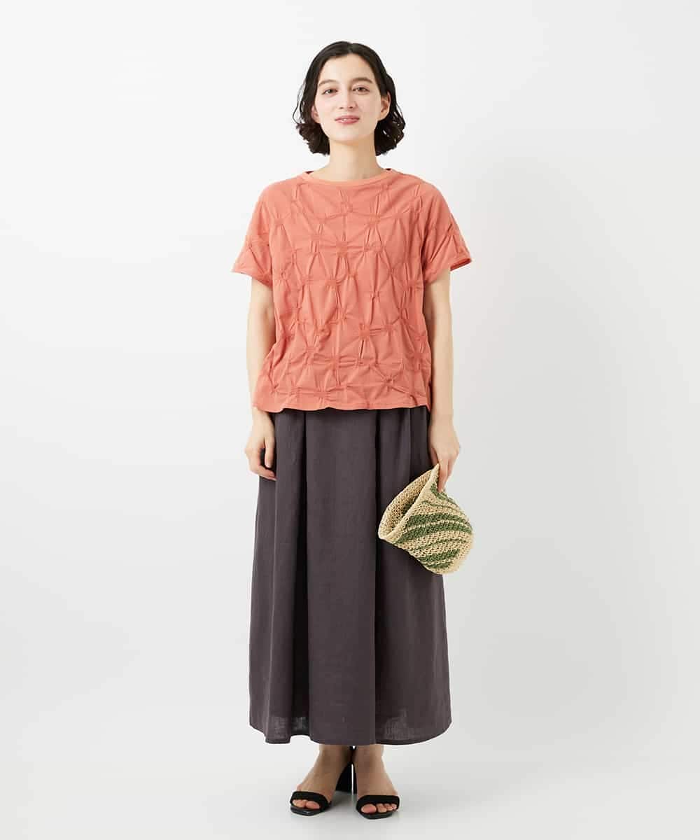 NHKGE47170 GIANNI LO GIUDICE(小さいサイズ)(メゾン ドゥ サンク) [日本製]麻混シャーリングフレンチスリーブカットソー ライトブルー