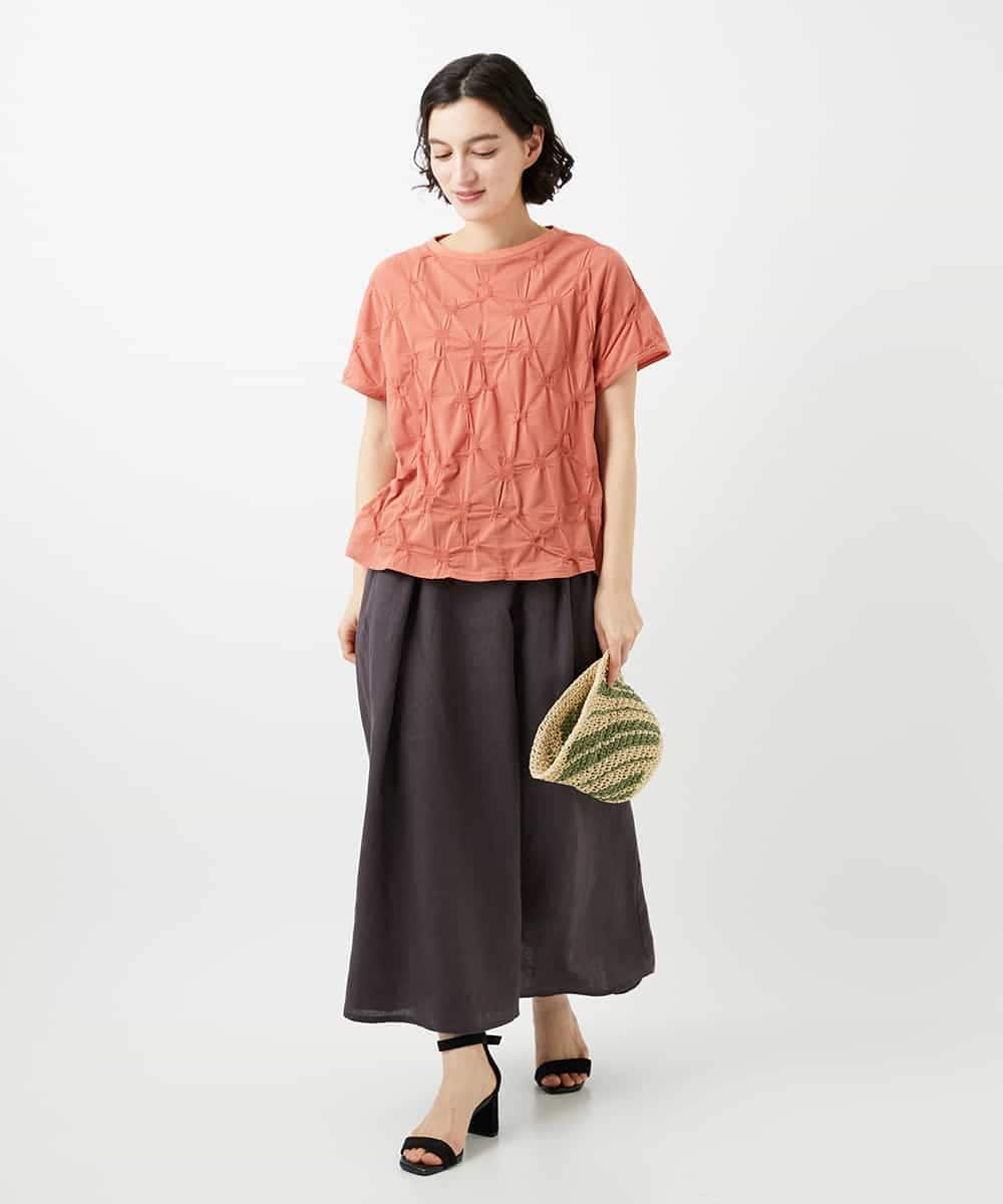 NHKGE47170 GIANNI LO GIUDICE(小さいサイズ)(メゾン ドゥ サンク) [日本製]麻混シャーリングフレンチスリーブカットソー ライトブルー