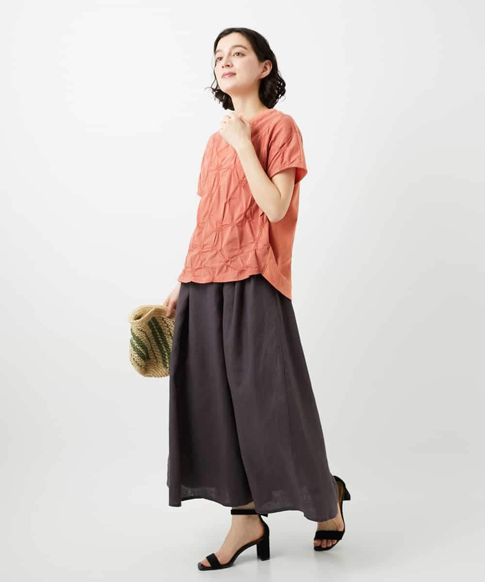 NHKGE47170 GIANNI LO GIUDICE(小さいサイズ)(メゾン ドゥ サンク) [日本製]麻混シャーリングフレンチスリーブカットソー ライトブルー