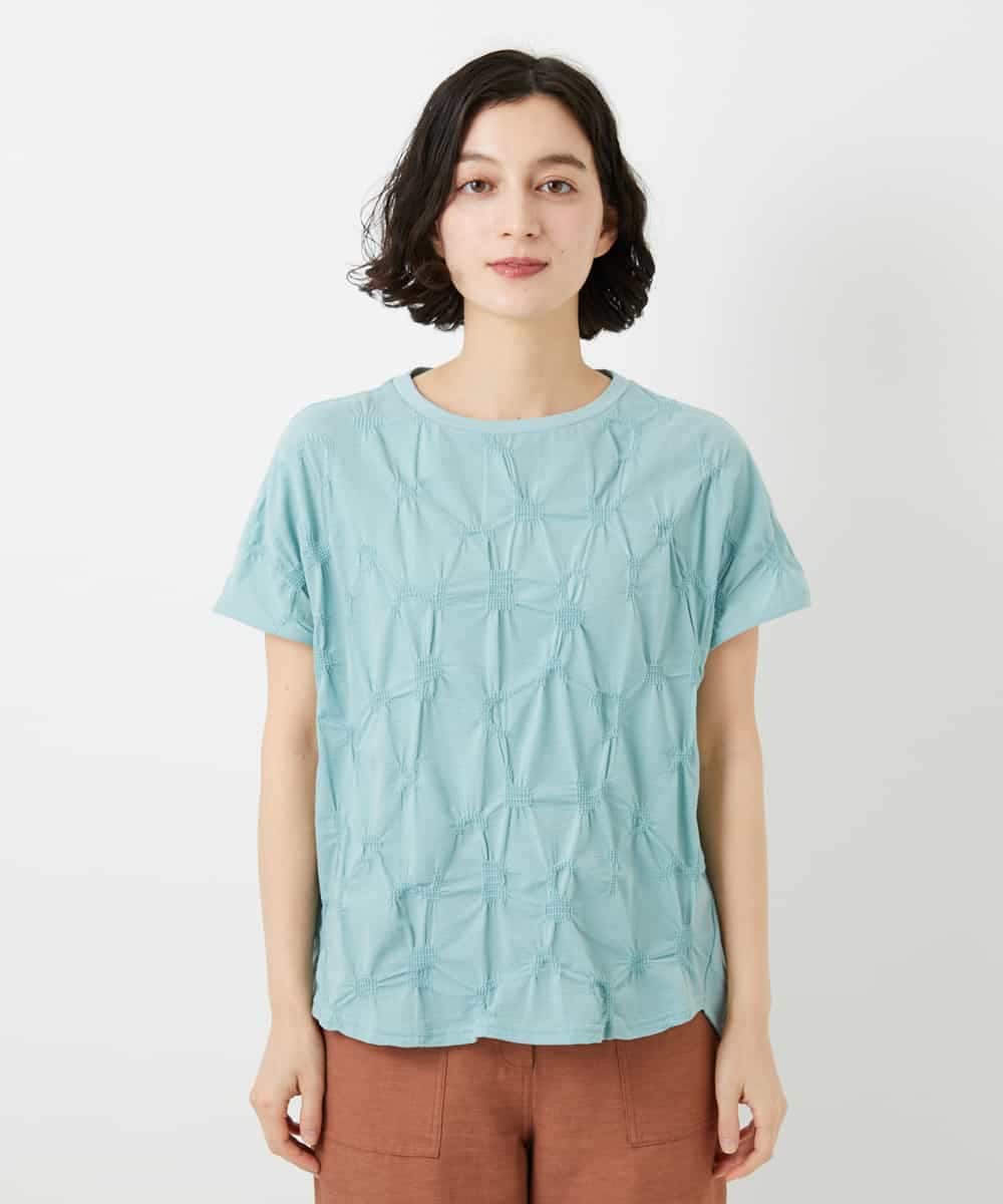 NHKGE47170 GIANNI LO GIUDICE(小さいサイズ)(メゾン ドゥ サンク) [日本製]麻混シャーリングフレンチスリーブカットソー ライトブルー