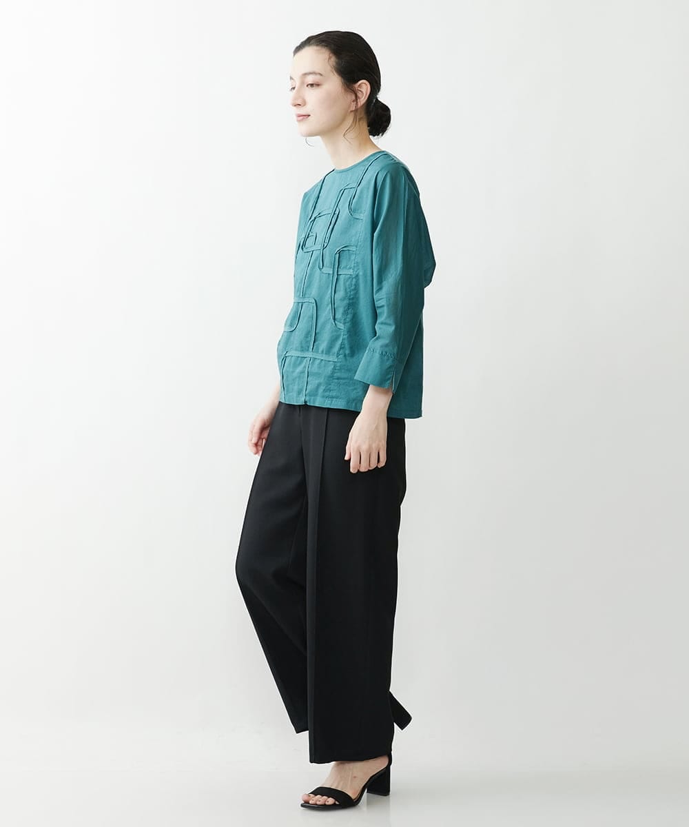 NHKGQ33240 GIANNI LO GIUDICE(小さいサイズ)(メゾン ドゥ サンク) テープ刺繍幾何柄デザイントップス ブルーグリーン