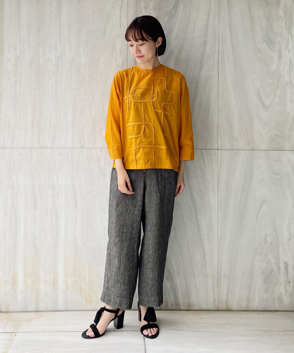 NHKGQ33240 GIANNI LO GIUDICE(小さいサイズ)(メゾン ドゥ サンク) テープ刺繍幾何柄デザイントップス ブルーグリーン