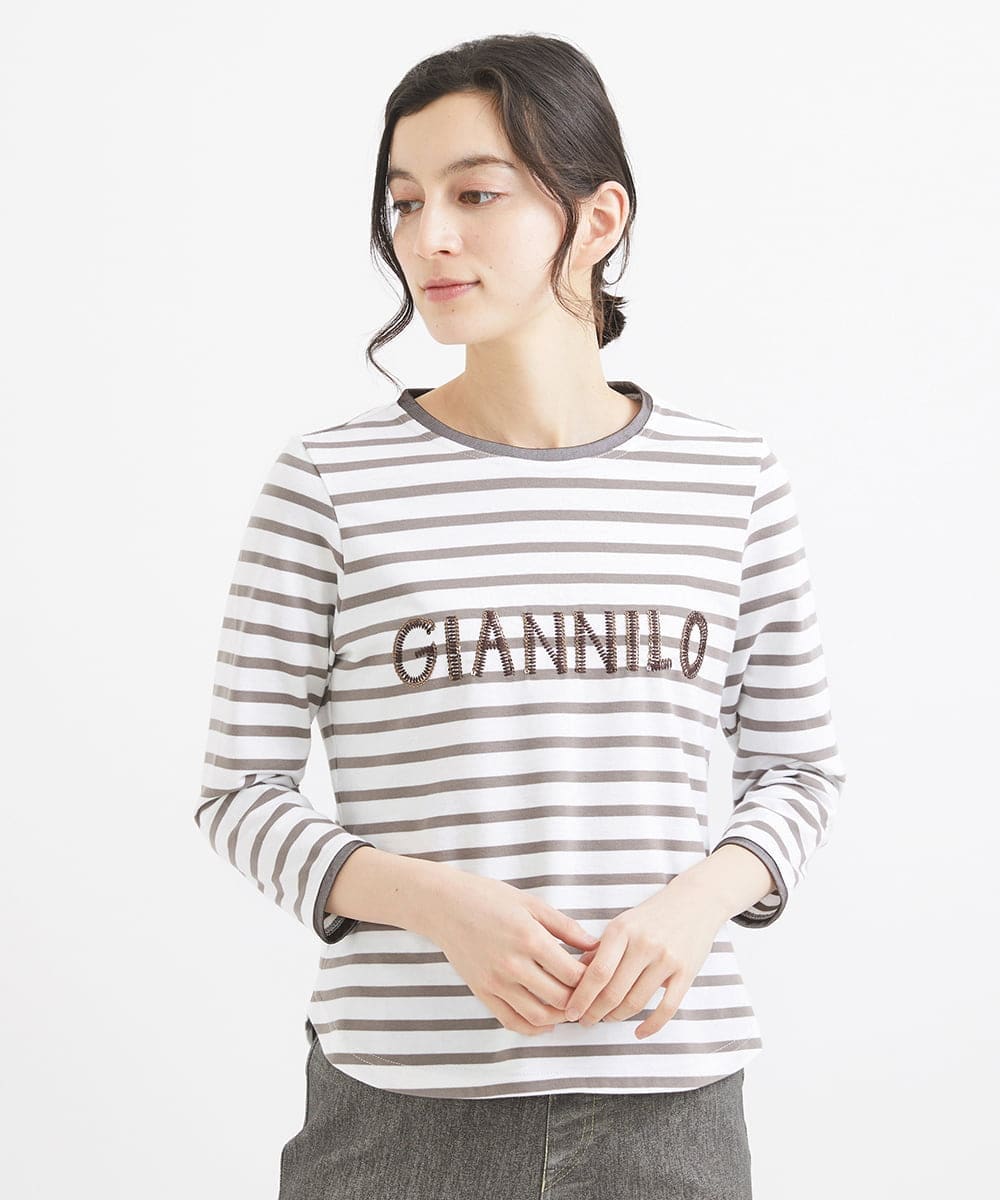 NHKGW33180 GIANNI LO GIUDICE(小さいサイズ)(メゾン ドゥ サンク) [日本製]エココットンロゴカットソー グレー×ホワイト