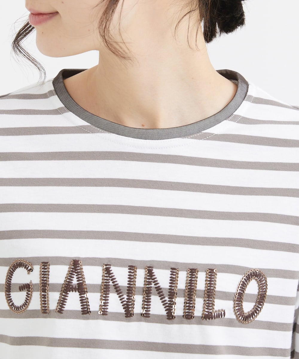 NHKGW33180 GIANNI LO GIUDICE(小さいサイズ)(メゾン ドゥ サンク) [日本製]エココットンロゴカットソー グレー×ホワイト