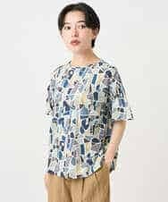 NHKHB33220 GIANNI LO GIUDICE(小さいサイズ)(メゾン ドゥ サンク) [接触冷感・日本製]強撚コットン天竺プリントカットソー ブルー系