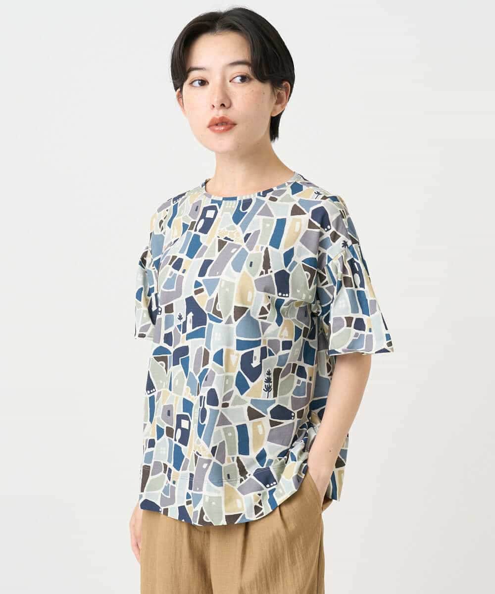 NHKHB33220 GIANNI LO GIUDICE(小さいサイズ)(メゾン ドゥ サンク) [接触冷感・日本製]強撚コットン天竺プリントカットソー ブルー系