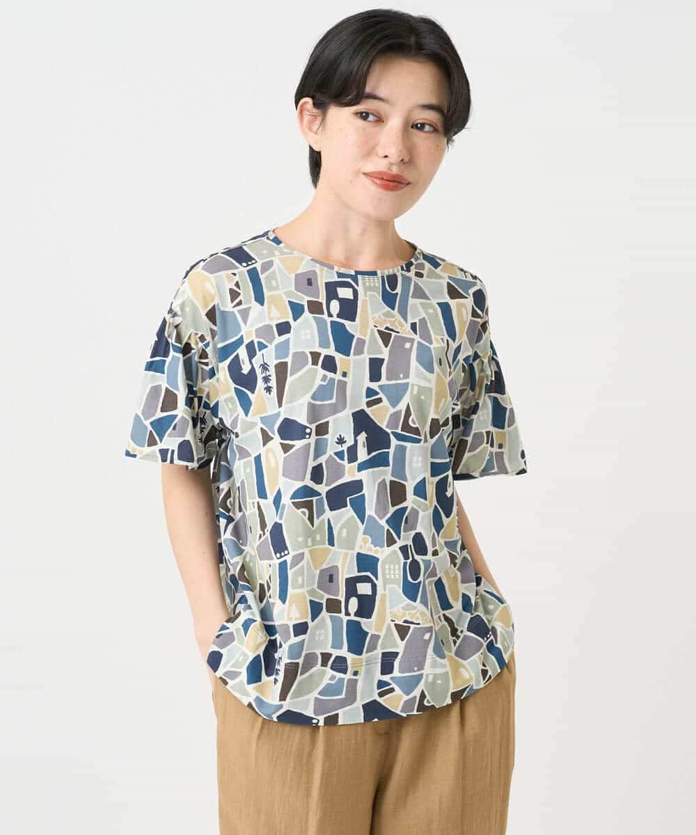 NHKHB33220 GIANNI LO GIUDICE(小さいサイズ)(メゾン ドゥ サンク) [接触冷感・日本製]強撚コットン天竺プリントカットソー ブルー系