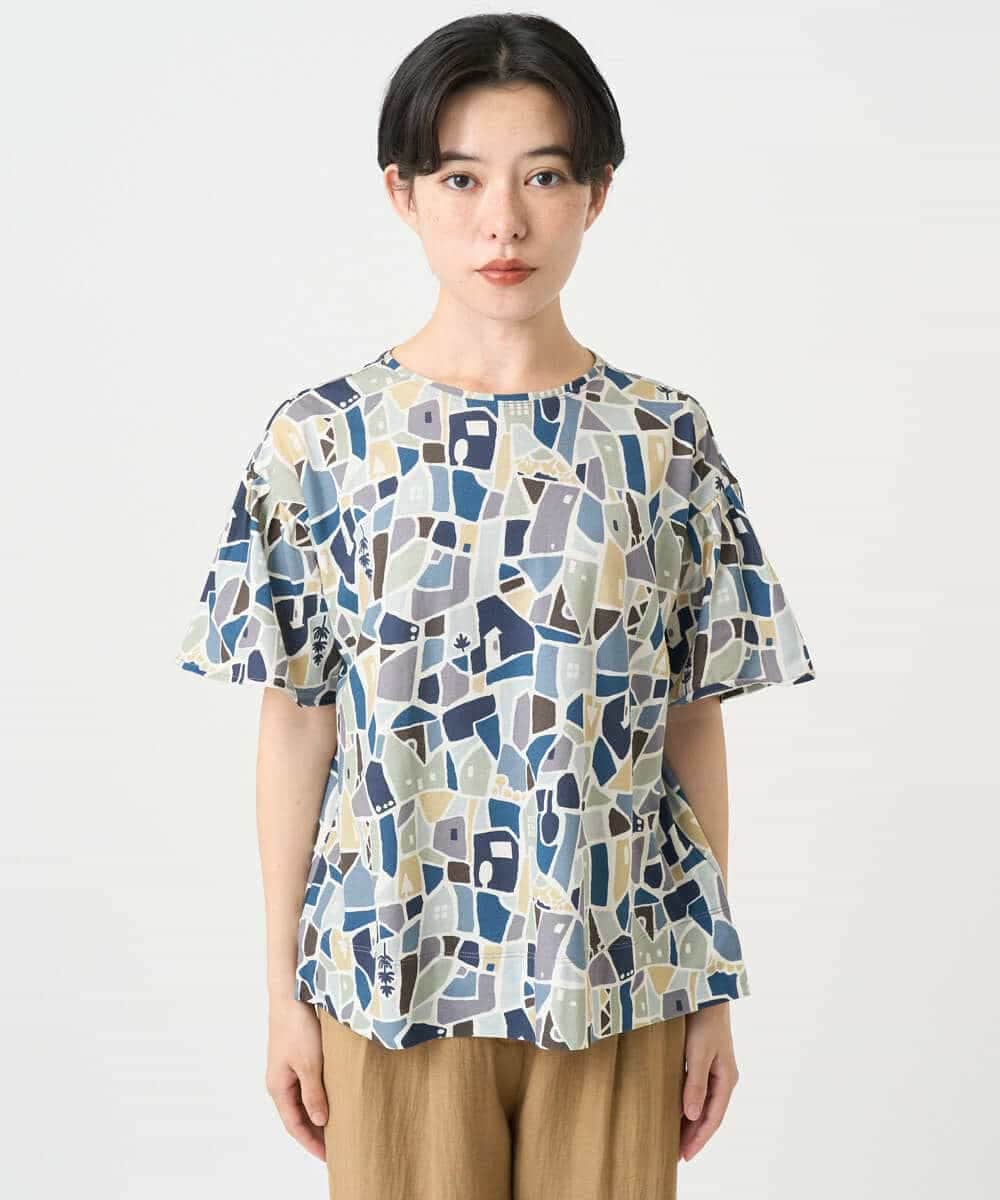 NHKHB33220 GIANNI LO GIUDICE(小さいサイズ)(メゾン ドゥ サンク) [接触冷感・日本製]強撚コットン天竺プリントカットソー ブルー系