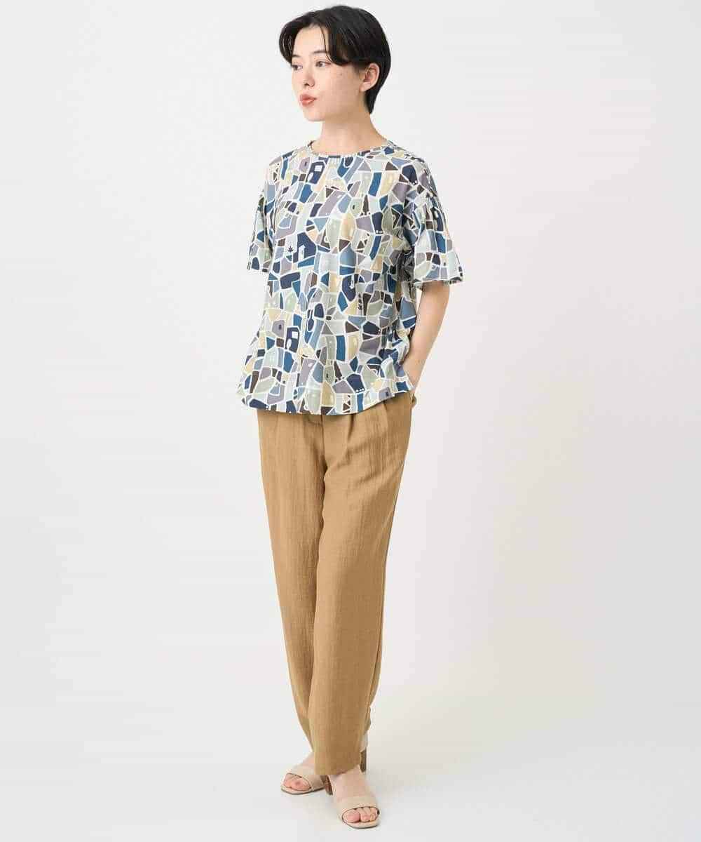 NHKHB33220 GIANNI LO GIUDICE(小さいサイズ)(メゾン ドゥ サンク) [接触冷感・日本製]強撚コットン天竺プリントカットソー ブルー系