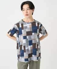 NHKHB81200 GIANNI LO GIUDICE(小さいサイズ)(メゾン ドゥ サンク) [接触冷感・速乾]ルービックブロックプリント分袖カットソー ネイビー系