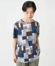 NHKHB81200 GIANNI LO GIUDICE(小さいサイズ)(メゾン ドゥ サンク) [接触冷感・速乾]ルービックブロックプリント分袖カットソー ネイビー系