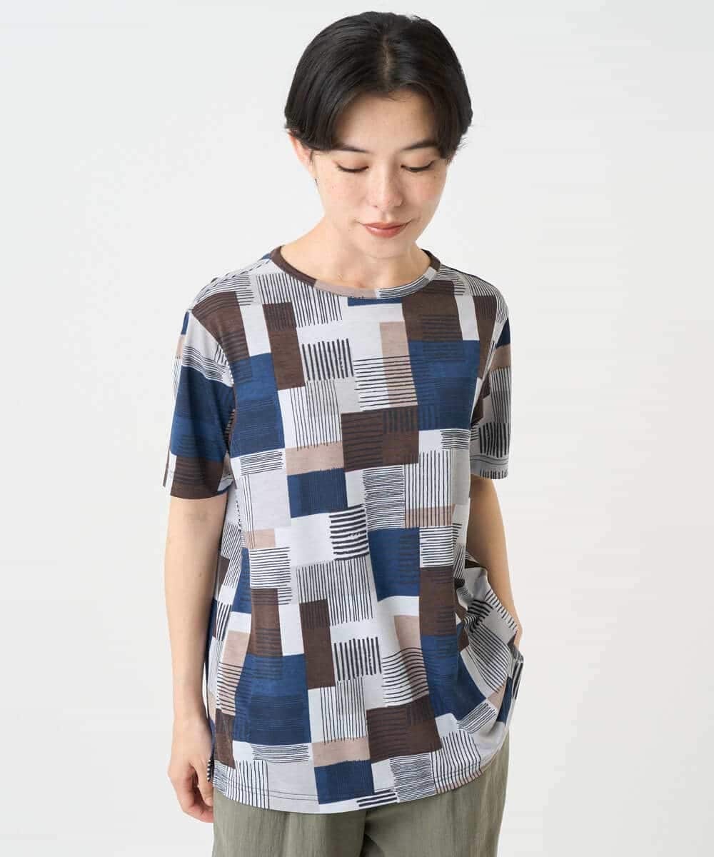 NHKHB81200 GIANNI LO GIUDICE(小さいサイズ)(メゾン ドゥ サンク) [接触冷感・速乾]ルービックブロックプリント分袖カットソー ネイビー系