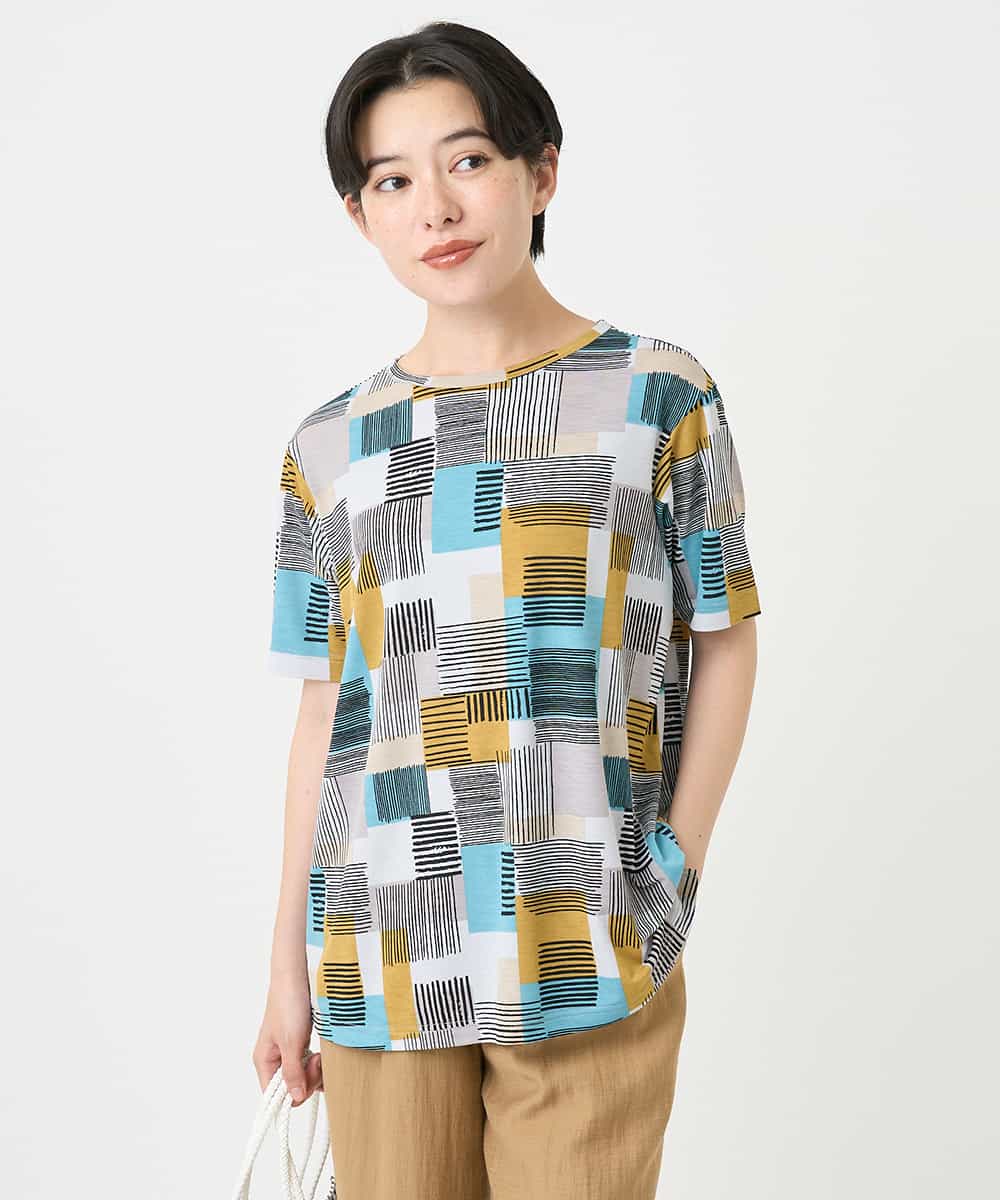 NHKHB81200 GIANNI LO GIUDICE(小さいサイズ)(メゾン ドゥ サンク) [接触冷感・速乾]ルービックブロックプリント分袖カットソー ネイビー系