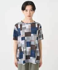 NHKHB81200 GIANNI LO GIUDICE(小さいサイズ)(メゾン ドゥ サンク) [接触冷感・速乾]ルービックブロックプリント分袖カットソー ネイビー系