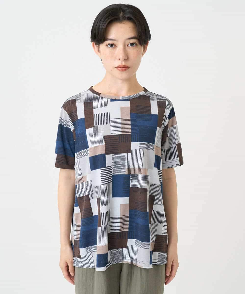 NHKHB81200 GIANNI LO GIUDICE(小さいサイズ)(メゾン ドゥ サンク) [接触冷感・速乾]ルービックブロックプリント分袖カットソー ネイビー系