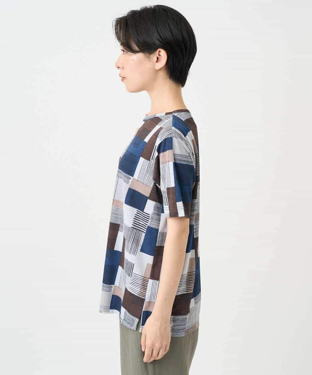 NHKHB81200 GIANNI LO GIUDICE(小さいサイズ)(メゾン ドゥ サンク) [接触冷感・速乾]ルービックブロックプリント分袖カットソー ネイビー系