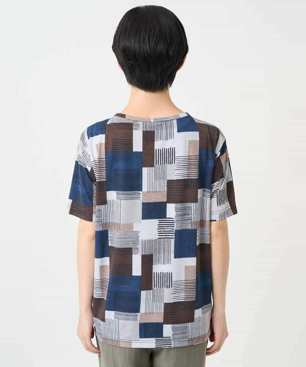 NHKHB81200 GIANNI LO GIUDICE(小さいサイズ)(メゾン ドゥ サンク) [接触冷感・速乾]ルービックブロックプリント分袖カットソー ネイビー系