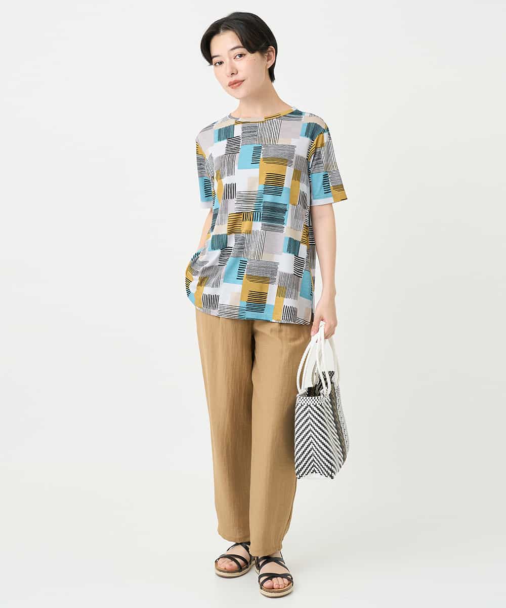 NHKHB81200 GIANNI LO GIUDICE(小さいサイズ)(メゾン ドゥ サンク) [接触冷感・速乾]ルービックブロックプリント分袖カットソー ネイビー系