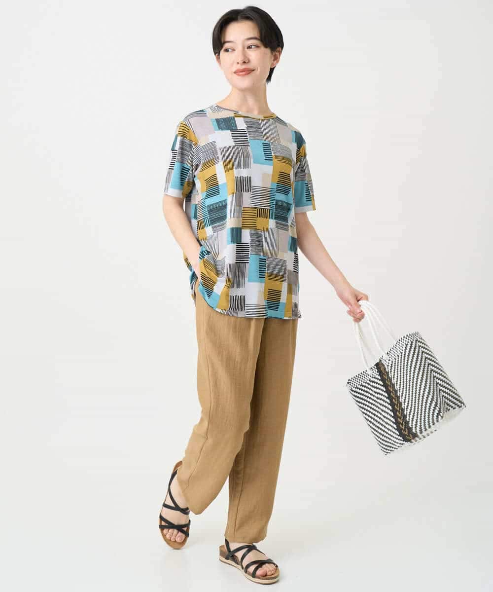 NHKHB81200 GIANNI LO GIUDICE(小さいサイズ)(メゾン ドゥ サンク) [接触冷感・速乾]ルービックブロックプリント分袖カットソー ネイビー系