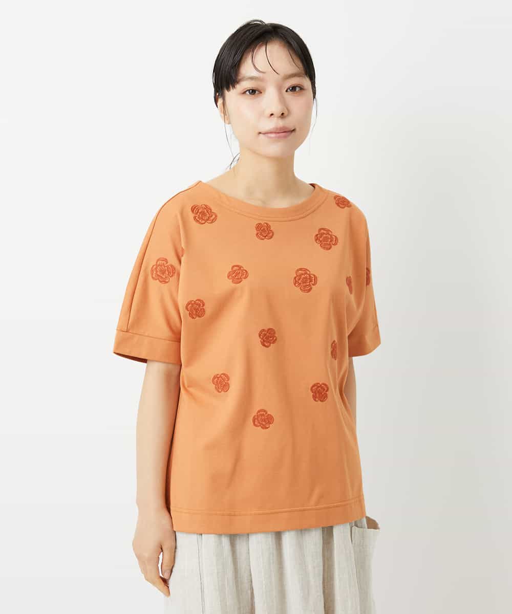 NHKHD02150 GIANNI LO GIUDICE(小さいサイズ)(メゾン ドゥ サンク) 天竺フラワー刺繍カットソー オレンジ