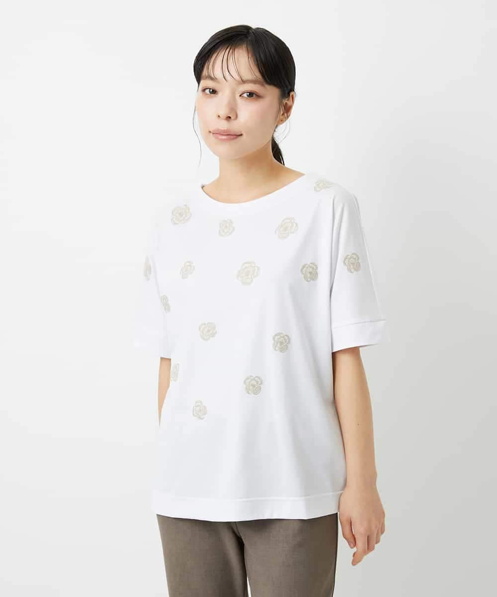 NHKHD02150 GIANNI LO GIUDICE(小さいサイズ)(メゾン ドゥ サンク) 天竺フラワー刺繍カットソー カーキ
