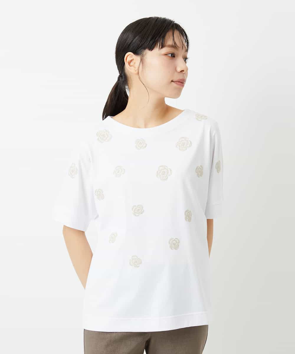 NHKHD02150 GIANNI LO GIUDICE(小さいサイズ)(メゾン ドゥ サンク) 天竺フラワー刺繍カットソー ホワイト