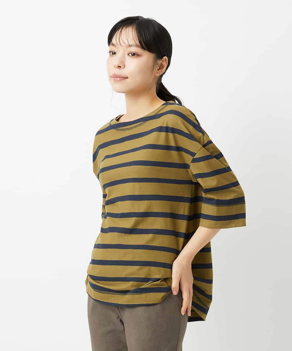 NHKHD06180 GIANNI LO GIUDICE(小さいサイズ)(メゾン ドゥ サンク) 抜染ボーダーカットソー カーキ