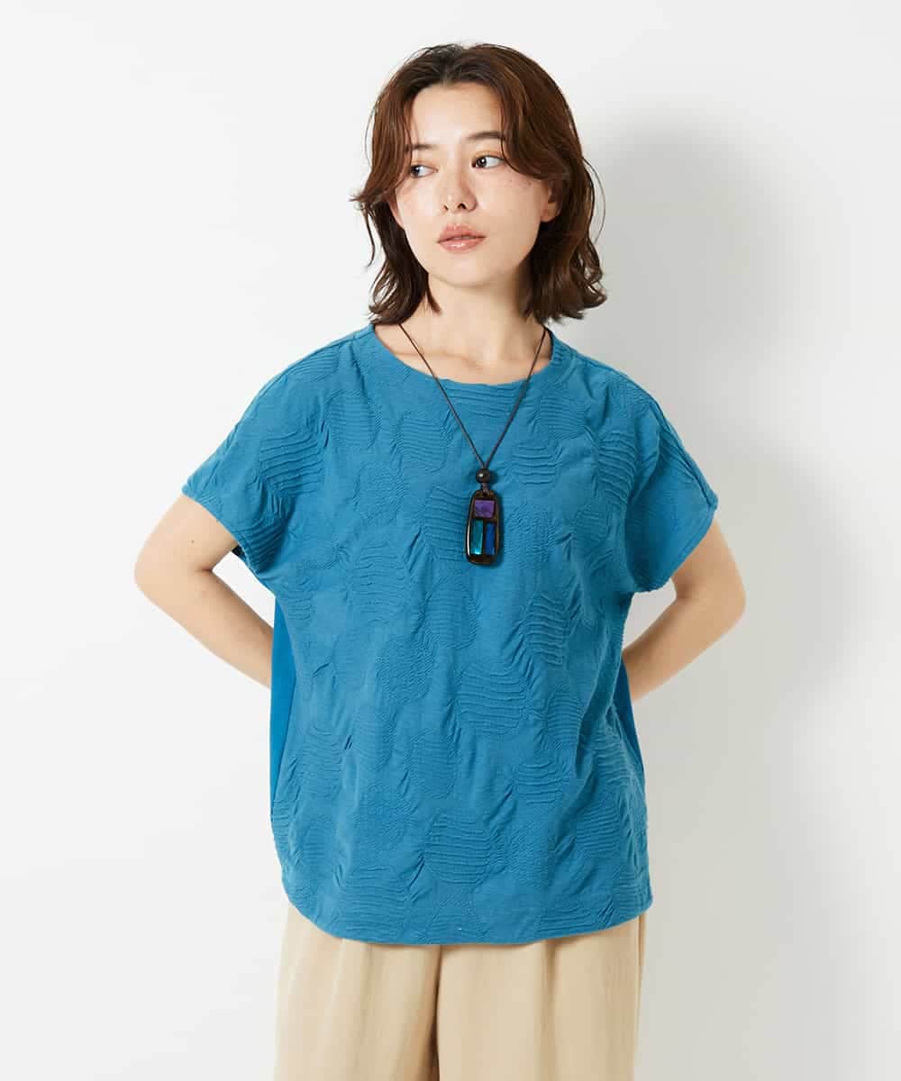 NHKHD69140 GIANNI LO GIUDICE(小さいサイズ)(メゾン ドゥ サンク) [日本製]ドットタックフレンチスリーブ異素材ドッキングカットソー ブルー