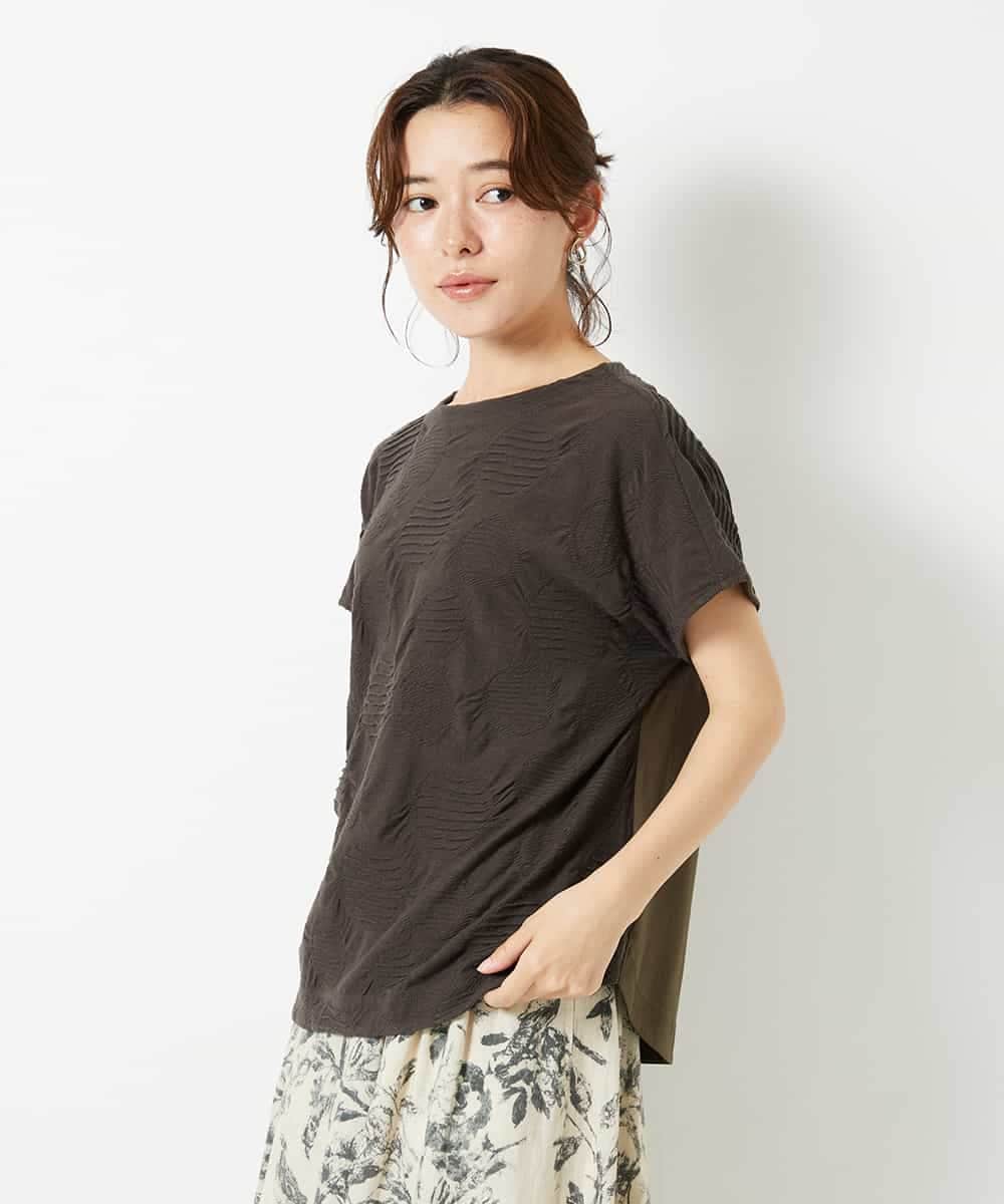 NHKHD69140 GIANNI LO GIUDICE(小さいサイズ)(メゾン ドゥ サンク) [日本製]ドットタックフレンチスリーブ異素材ドッキングカットソー ブルー