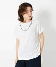 NHKHD69140 GIANNI LO GIUDICE(小さいサイズ)(メゾン ドゥ サンク) [日本製]ドットタックフレンチスリーブ異素材ドッキングカットソー ブルー