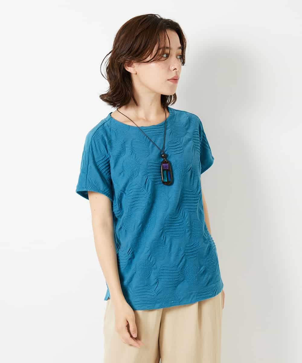 NHKHD69140 GIANNI LO GIUDICE(小さいサイズ)(メゾン ドゥ サンク) [日本製]ドットタックフレンチスリーブ異素材ドッキングカットソー ブルー
