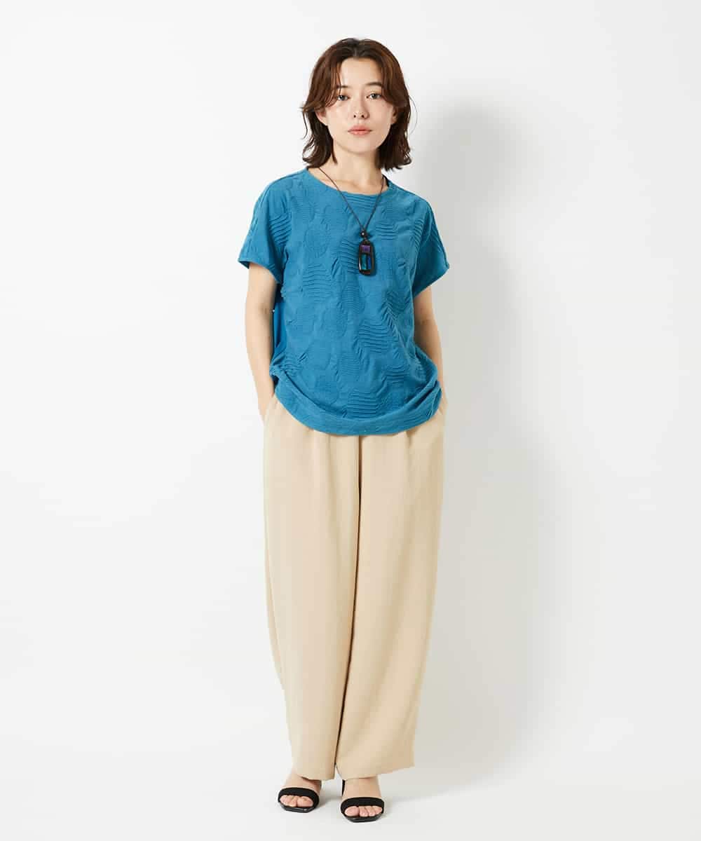 NHKHD69140 GIANNI LO GIUDICE(小さいサイズ)(メゾン ドゥ サンク) [日本製]ドットタックフレンチスリーブ異素材ドッキングカットソー ブルー