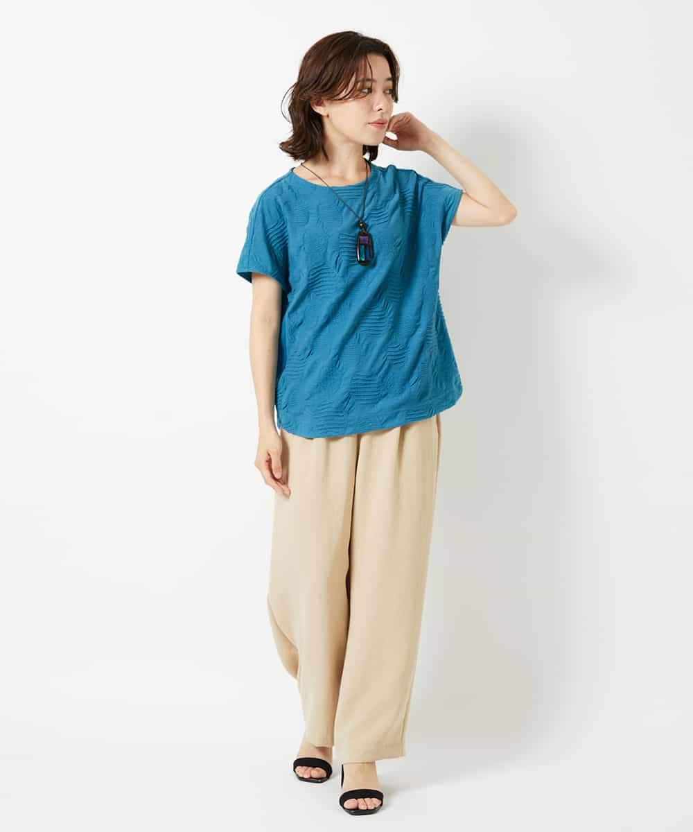 NHKHD69140 GIANNI LO GIUDICE(小さいサイズ)(メゾン ドゥ サンク) [日本製]ドットタックフレンチスリーブ異素材ドッキングカットソー ブルー