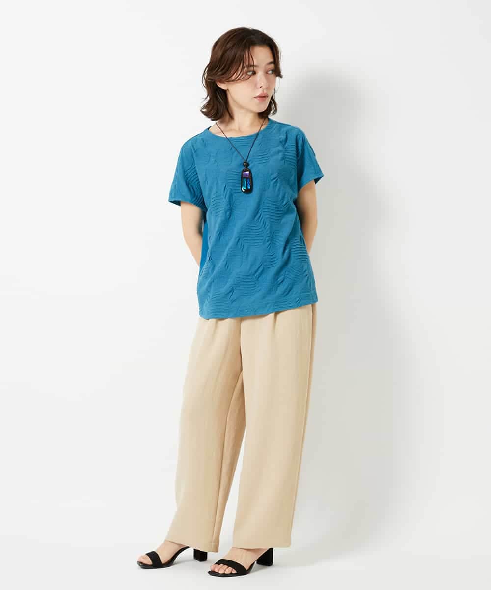 NHKHD69140 GIANNI LO GIUDICE(小さいサイズ)(メゾン ドゥ サンク) [日本製]ドットタックフレンチスリーブ異素材ドッキングカットソー ブルー