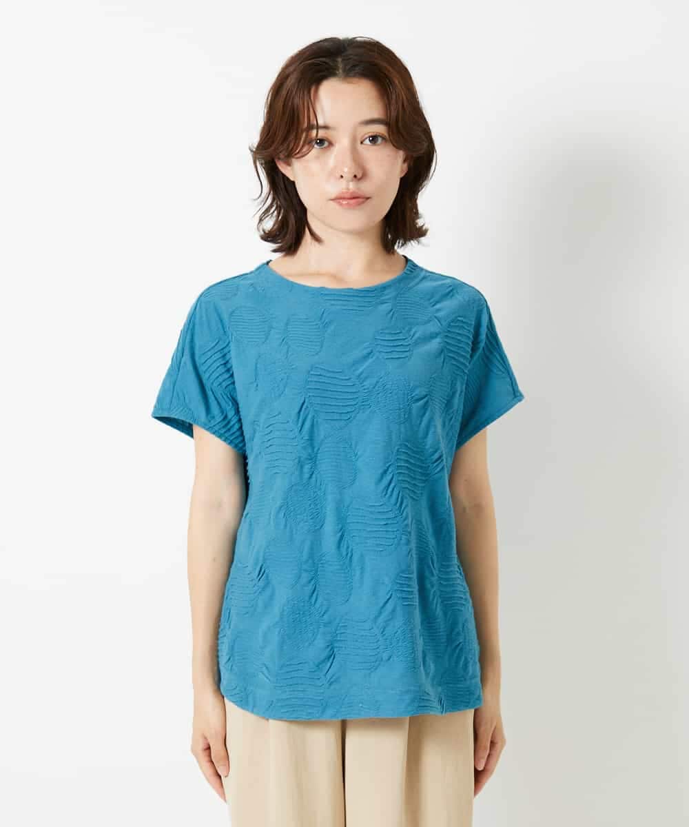 NHKHD69140 GIANNI LO GIUDICE(小さいサイズ)(メゾン ドゥ サンク) [日本製]ドットタックフレンチスリーブ異素材ドッキングカットソー ブルー