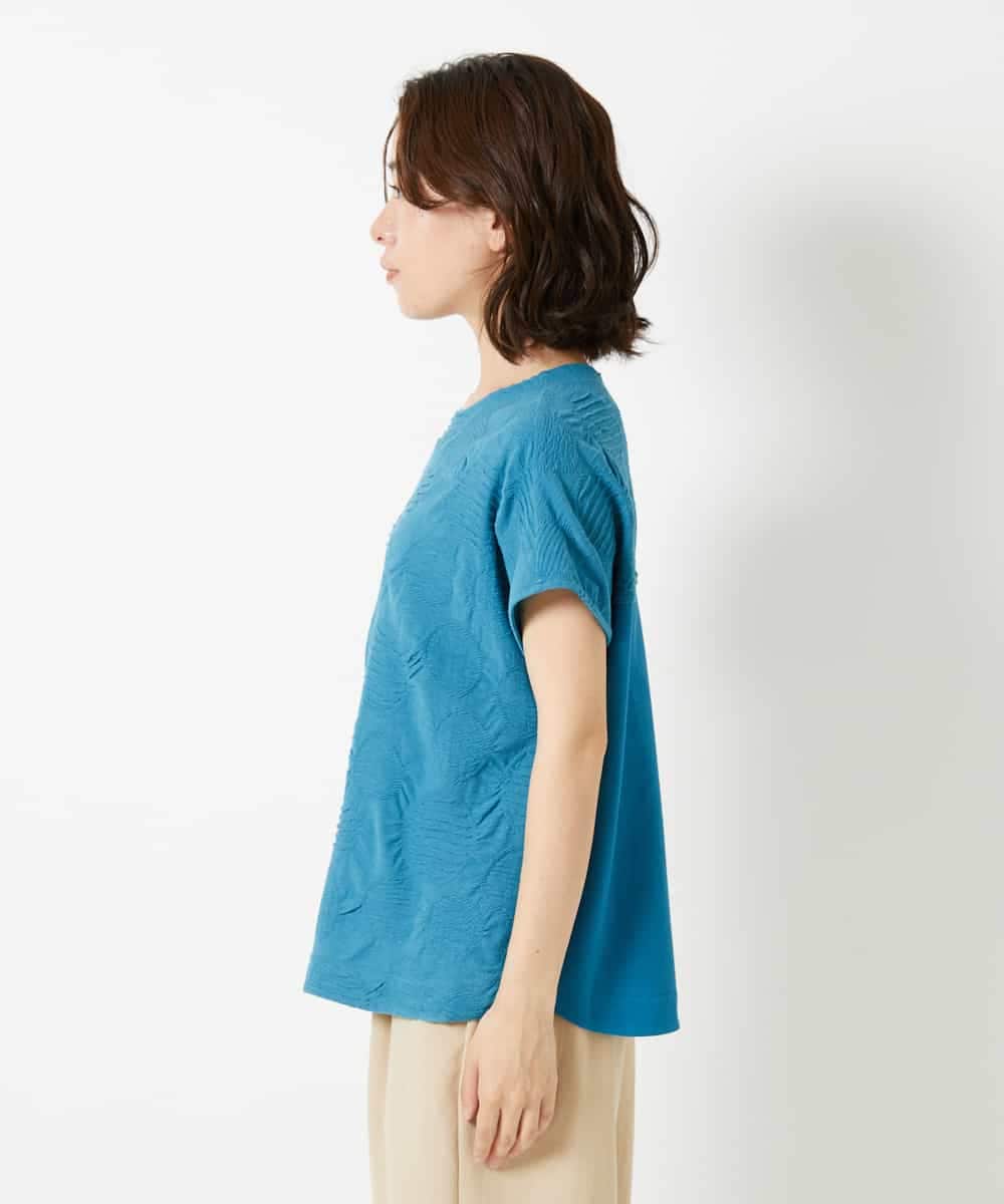 NHKHD69140 GIANNI LO GIUDICE(小さいサイズ)(メゾン ドゥ サンク) [日本製]ドットタックフレンチスリーブ異素材ドッキングカットソー ブルー